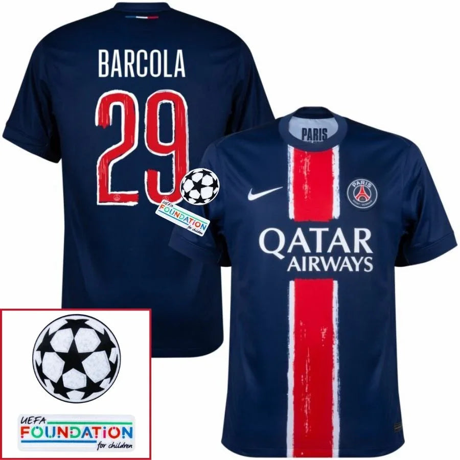 Paris Saint-Germain Barcola 29 Fan Jersey Home 2024/25 Patches UCL UEFA Foundation (Official Printing)
