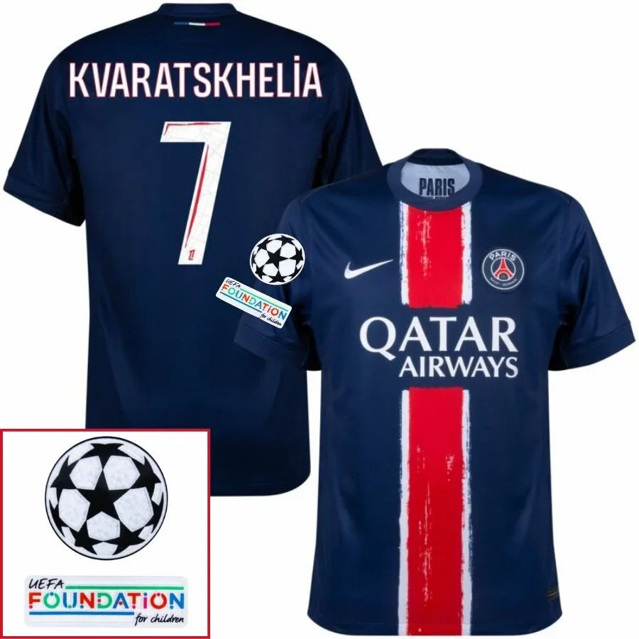 Paris Saint-Germain Kvaratskhelia 7 Fan Jersey Home 2024/25 Patches UCL UEFA Foundation (Official Printing)