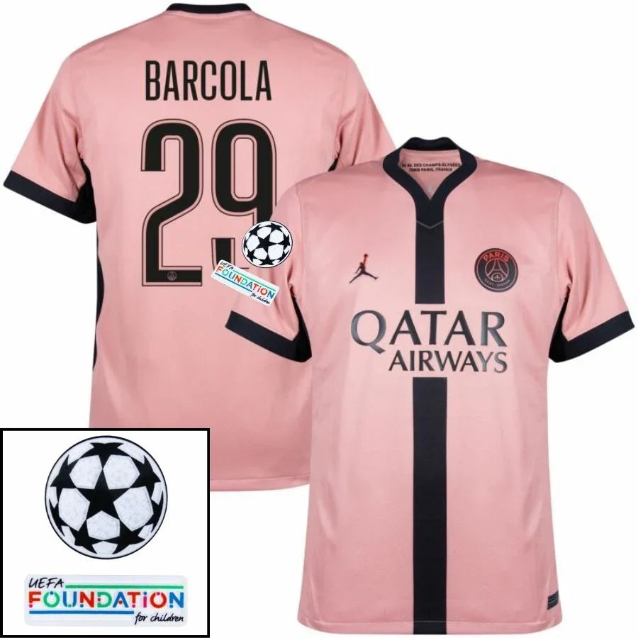 Paris Saint-Germain Barcola 29 Fan Jersey Third Jordan 2023/24 Patches UCL UEFA Foundation (Official Printing)