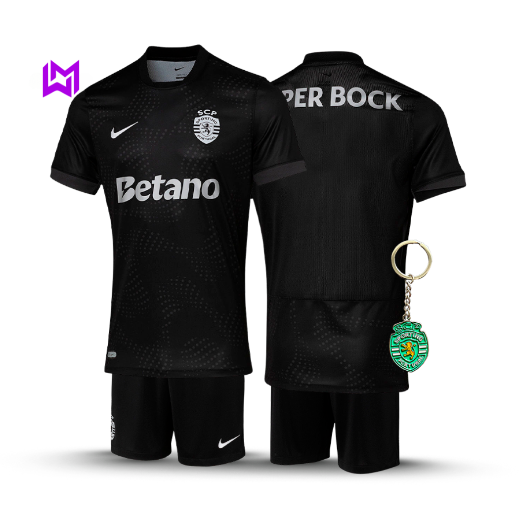 Conjunto Infantil Sporting Away Preta 2025/26 - LANÇAMENTO! 🔥💚