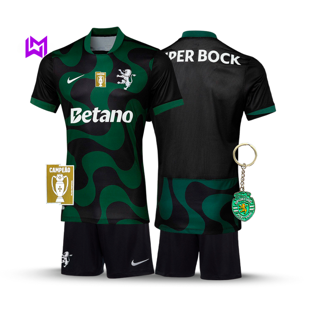 Conjunto Infantil Sporting Alternativa Preta 2025/26 - LANÇAMENTO! 🔥💚