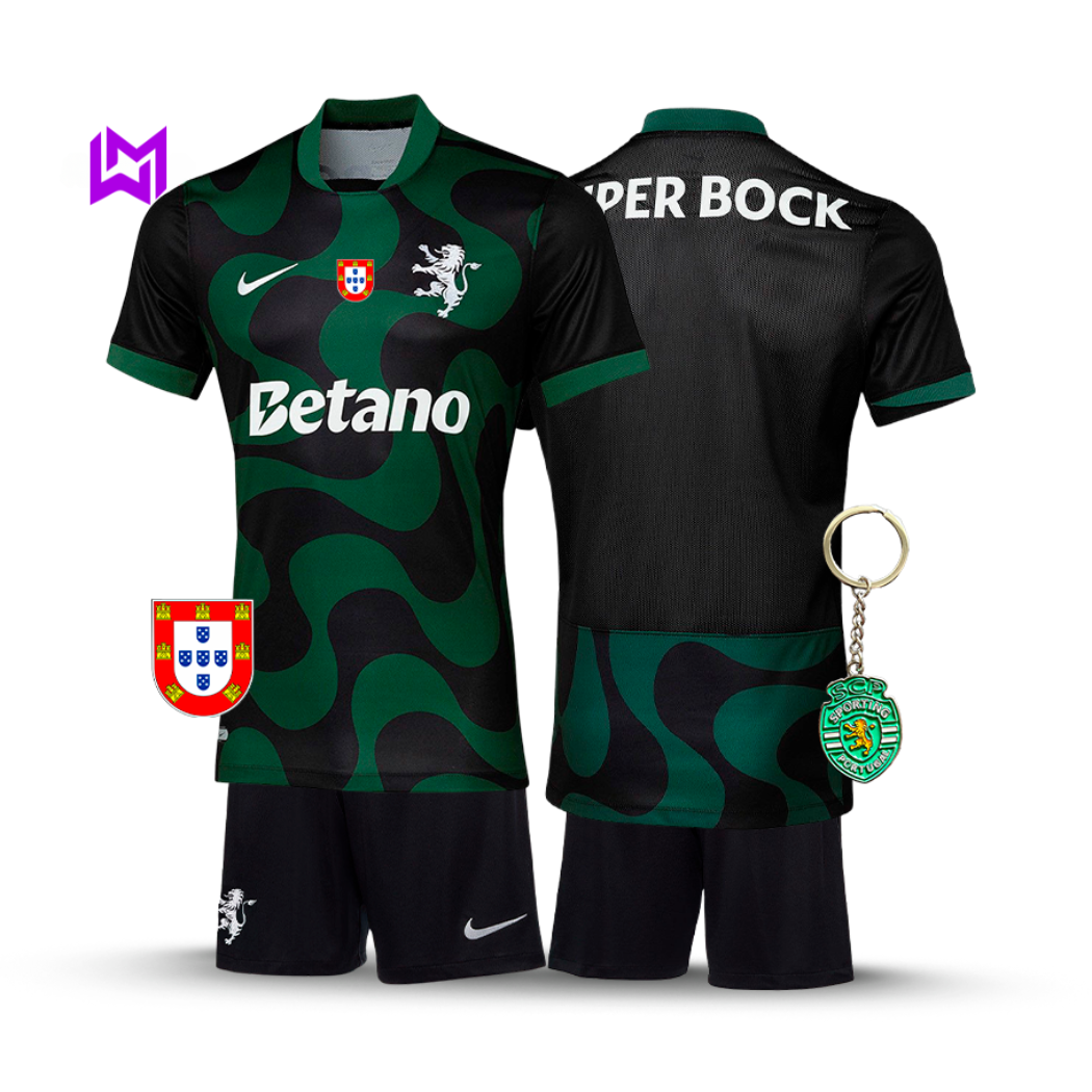 Conjunto Infantil Sporting Alternativa Preta 2025/26 - LANÇAMENTO! 🔥💚
